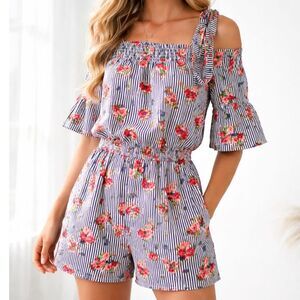 Floral Off Shoulder Romper Womens XS S Stripe Summer Girls L Tie Strap